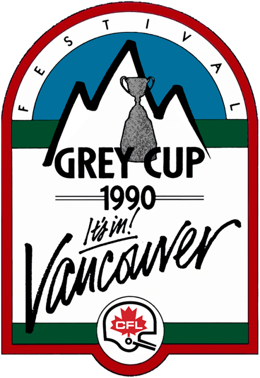  Grey Cup Logo Primary Logo (1990) - The 78th Grey Cup logo features a depiction of the Grey Cup in silver in front of a white and black mountain range. Two horizontal green stripes, one up top and one at the bottom frame black text reading 