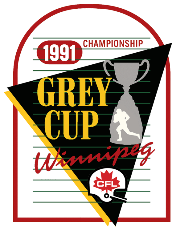  Grey Cup Logo Primary Logo (1991) - The 79th Grey Cup logo features a black triangle with a yellow drop shadow. To the right is a depiction of the Grey Cup in silver with a silhouette of a football player running in white. On the left side is 