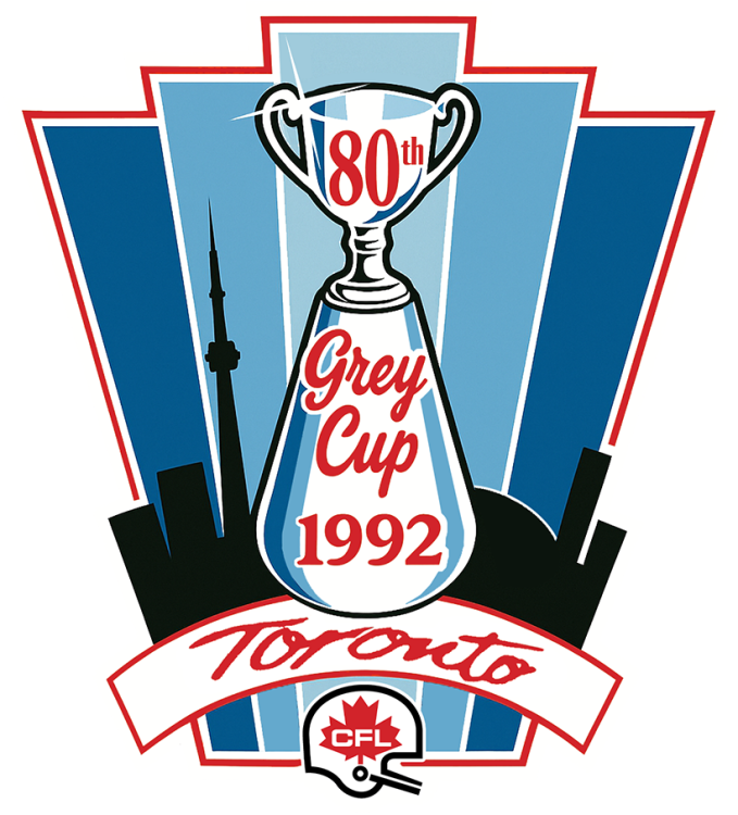  Grey Cup Logo Primary Logo (1992) - The 80th Grey Cup logo features a depiction of the Grey Cup in white with double blue details, with 
