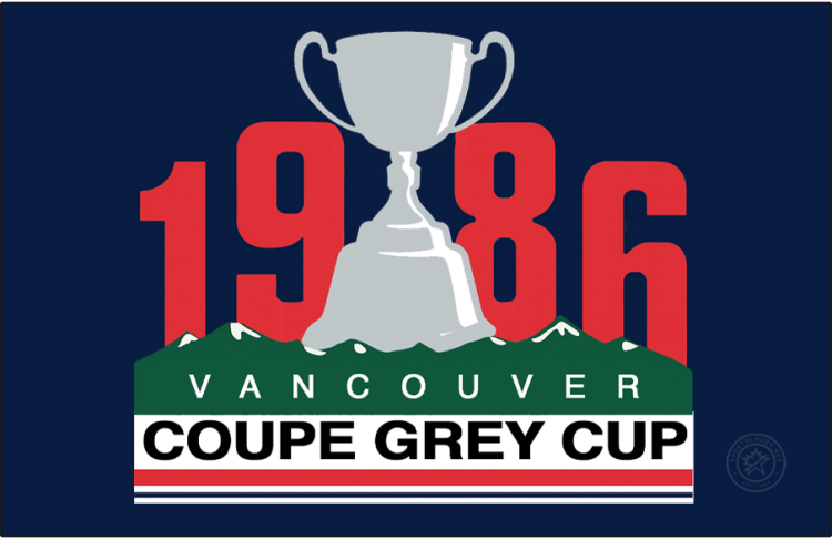  Grey Cup Logo Primary Dark Logo (1986) - The 74th Grey Cup logo features a depiction of the Grey Cup in silver with white highlights behind a green and white mountain range with the year 
