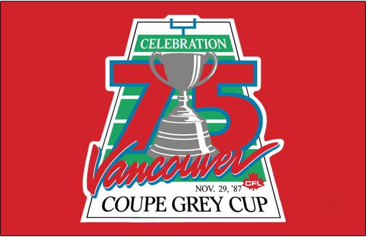  Grey Cup Logo Primary Dark Logo (1987) - The 75th Grey Cup logo features a depiction of the Grey Cup placed upon a green and white football field with a large 75 in red and blue behind it, a scripted 