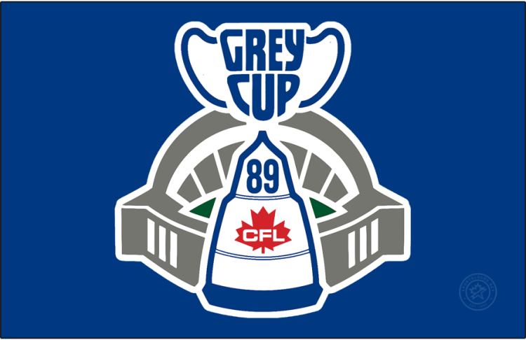  Grey Cup Logo Primary Dark Logo (1989) - The 77th Grey Cup logo features a depiction of the Grey Cup in white and blue with a 