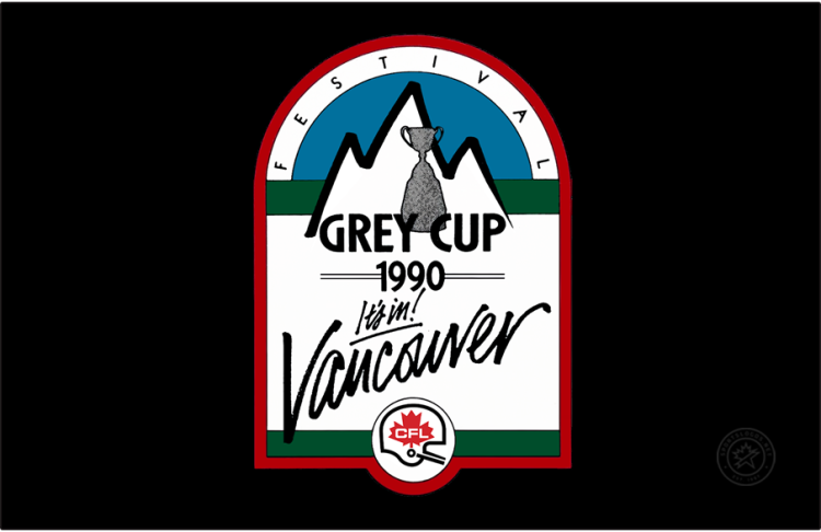  Grey Cup Logo Primary Dark Logo (1990) - The 78th Grey Cup logo features a depiction of the Grey Cup in silver in front of a white and black mountain range. Two horizontal green stripes, one up top and one at the bottom frame black text reading 