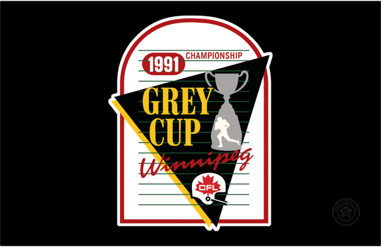  Grey Cup Logo Primary Dark Logo (1991) - The 79th Grey Cup logo features a black triangle with a yellow drop shadow. To the right is a depiction of the Grey Cup in silver with a silhouette of a football player running in white. On the left side is 