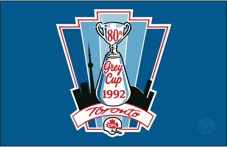  Grey Cup Logo Primary Dark Logo (1992) - The 80th Grey Cup logo features a depiction of the Grey Cup in white with double blue details, with 
