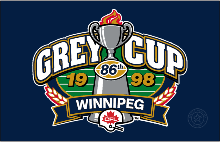  Grey Cup Logo Primary Dark Logo (1998) - The logo for the 86th Grey Cup, held in Winnipeg in 1998, featured the Grey Cup in the middle with gold and red flames shooting from the bowl. 