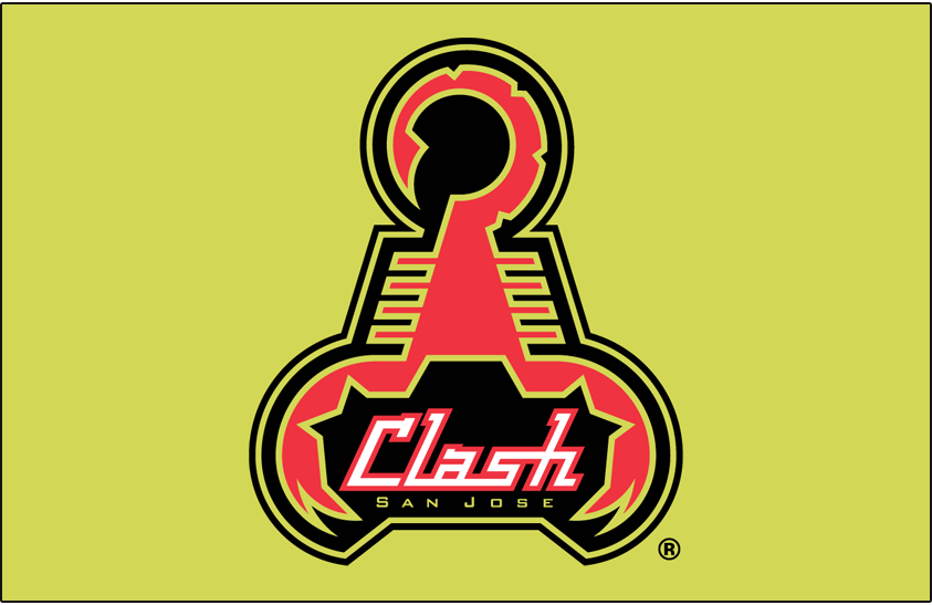 San Jose Clash Logo Primary Dark Logo (1996-1999) - San Jose Clash primary logo on yellow SportsLogos.Net